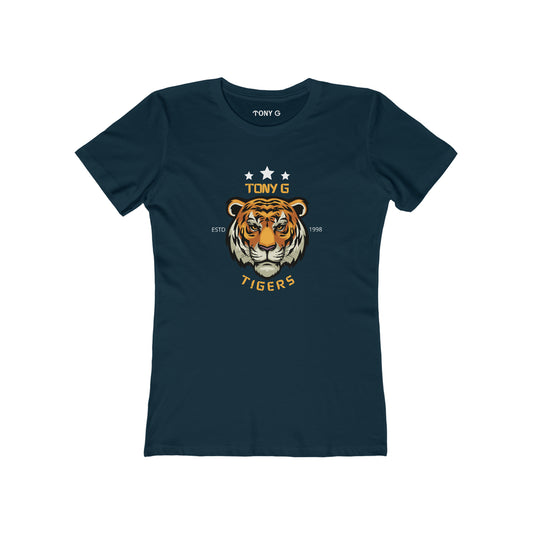 TONY G Women's Feminine Cut Classic Boyfriend Tee, featuring the TONY G Tiger 2 design