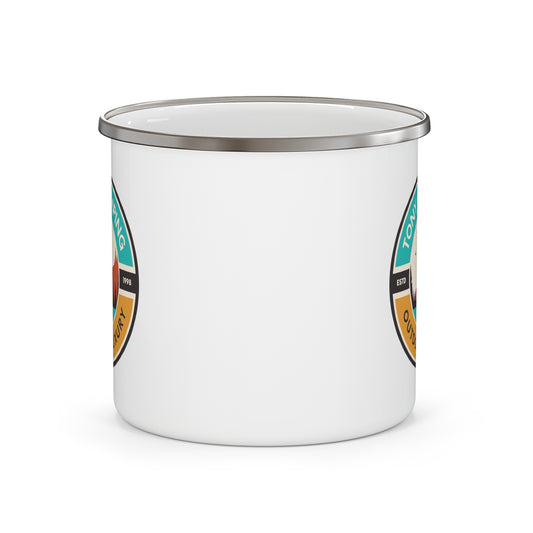 TONY Glamping Enamel Camping Mug, featuring the TONY Glamping design