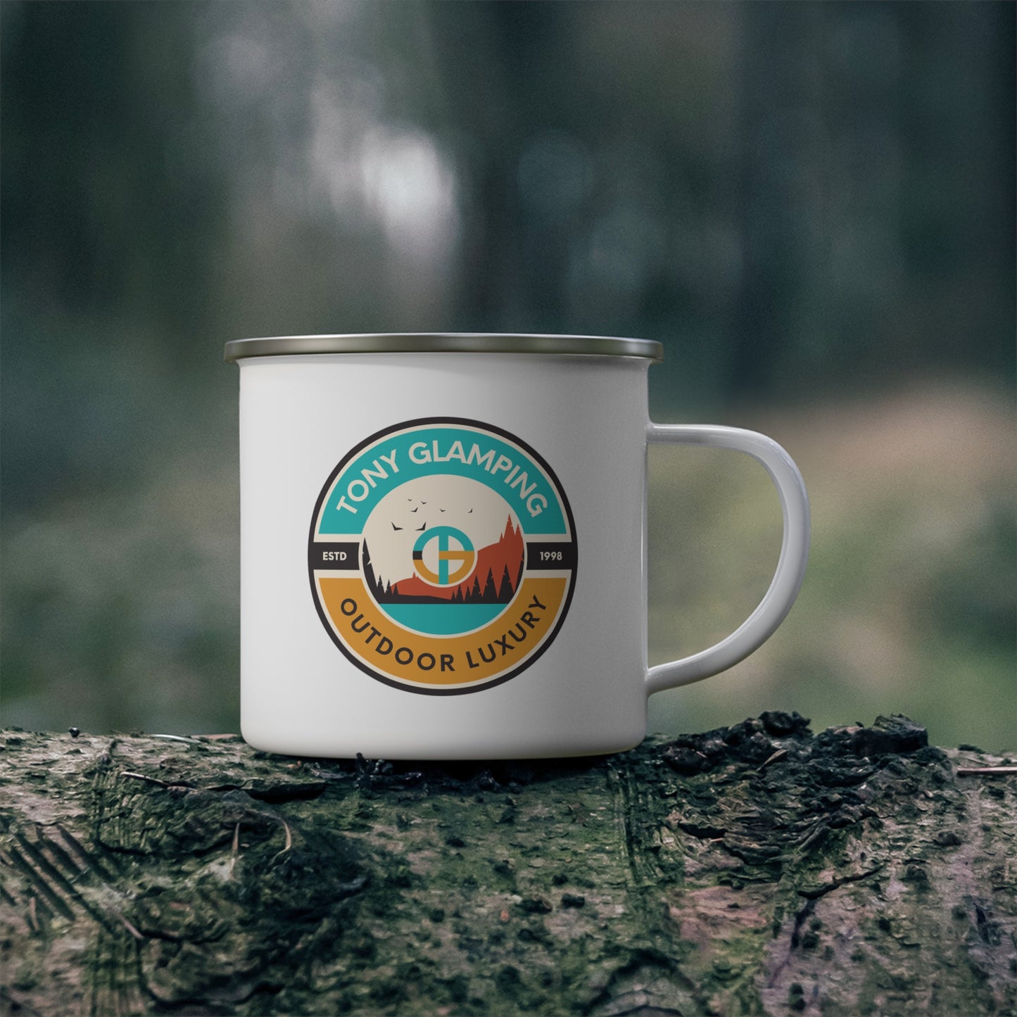 TONY Glamping Enamel Camping Mug, featuring the TONY Glamping design