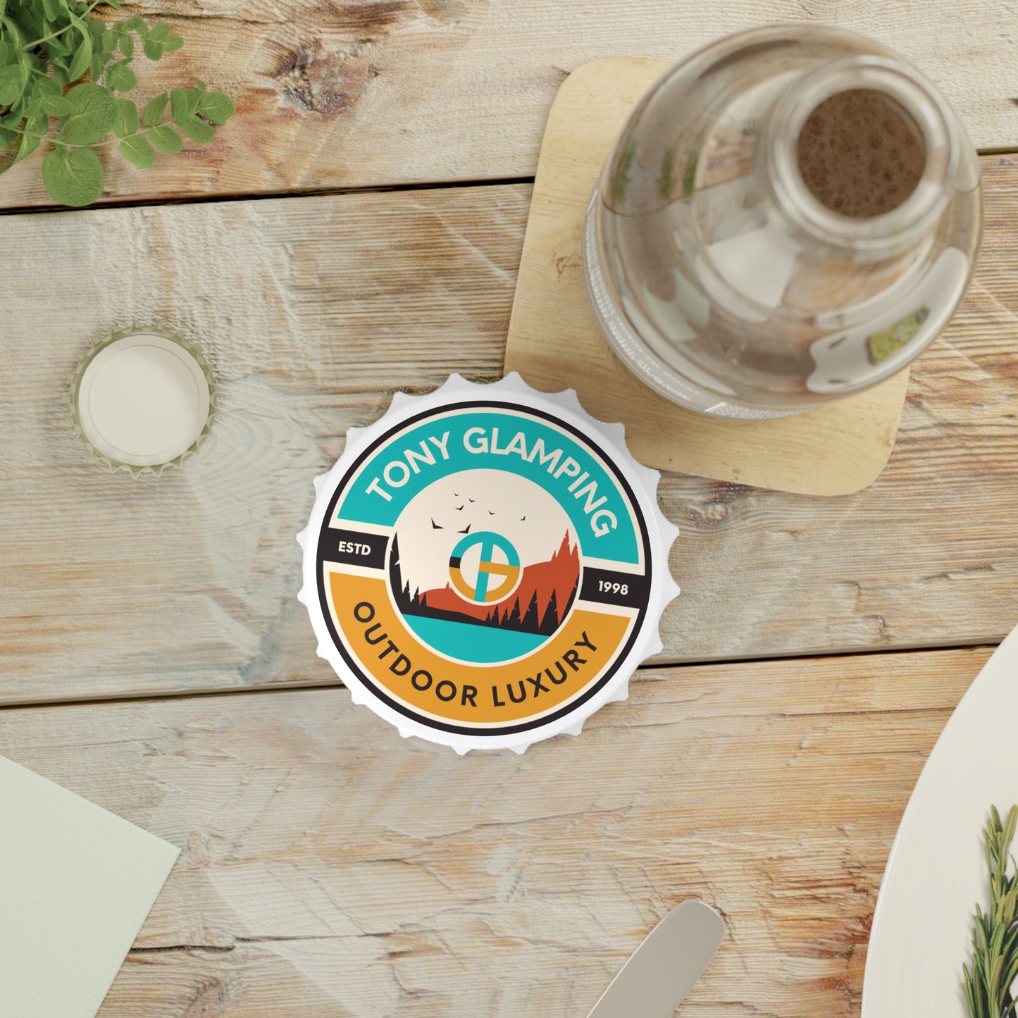 TONY Glamping Bottle Opener, featuring the TONY Glamping design