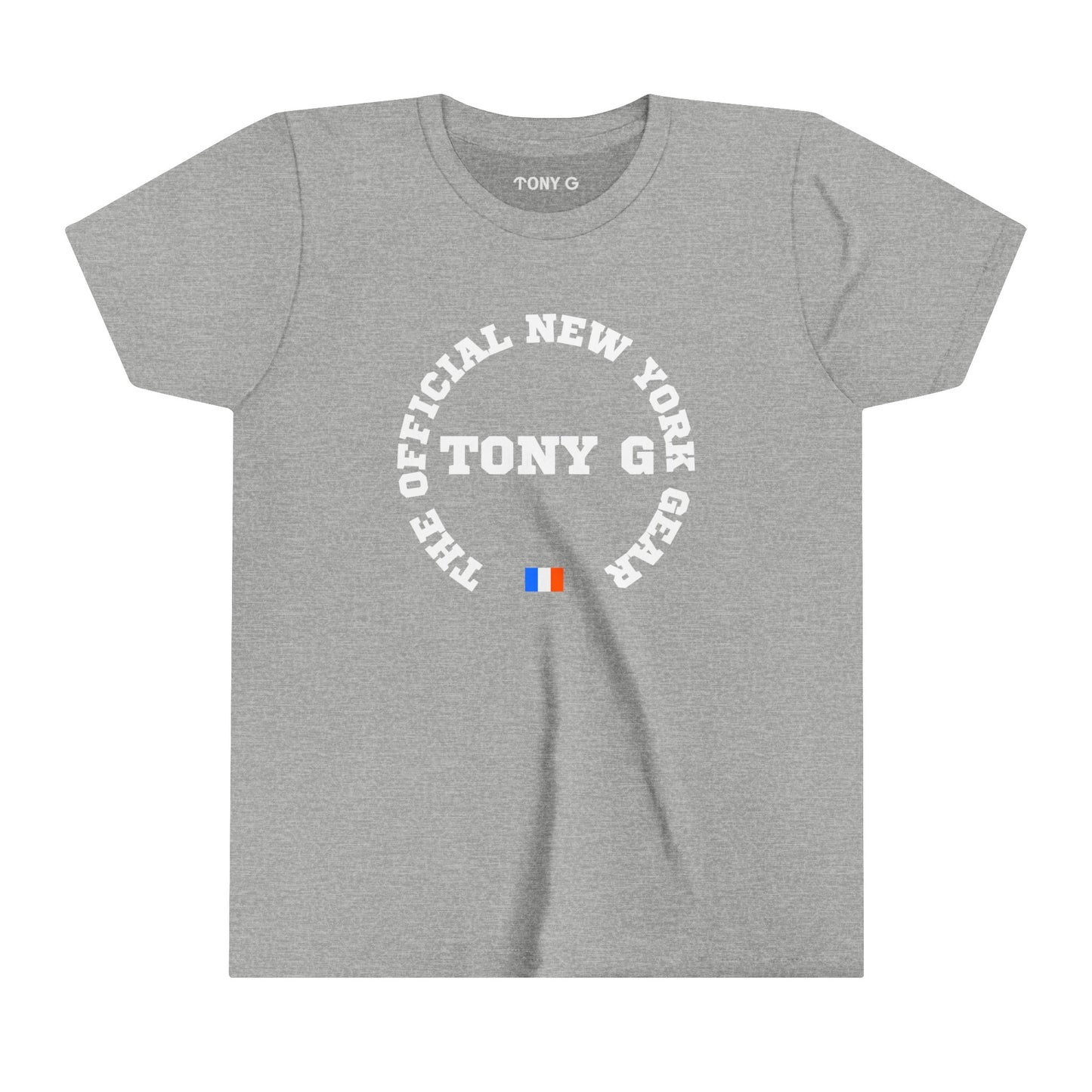TONY G Youth Short Sleeve Tee, featuring the TONY G Flag Logo Varcity design