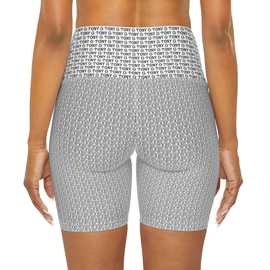 TONY G High Waisted Yoga Shorts, adorned with the TONY G Logo & TG Logo Outline Monogram Pattern