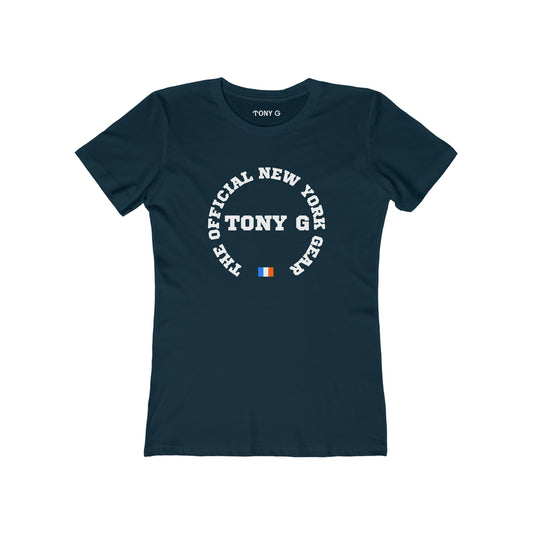 TONY G Women's Feminine Cut Classic Boyfriend Tee, featuring the TONY G Flag Logo Varcity design