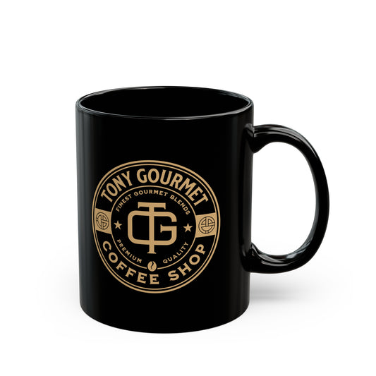 TONY Gourmet Ceramic 11oz Black Mug, featuring the TONY Gourmet design