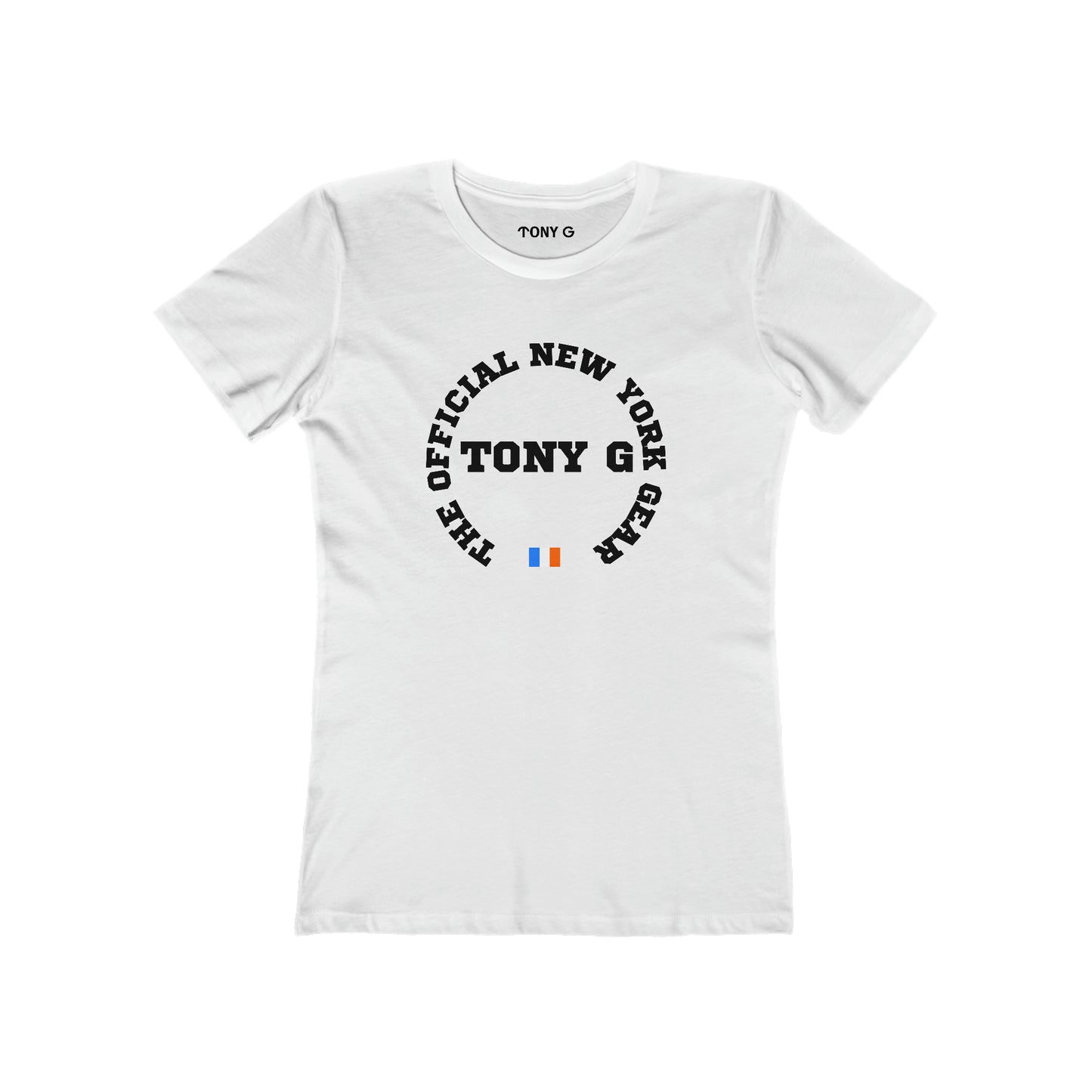 TONY G Women's Feminine Cut Classic Boyfriend Tee, featuring the TONY G Flag Logo Varcity design