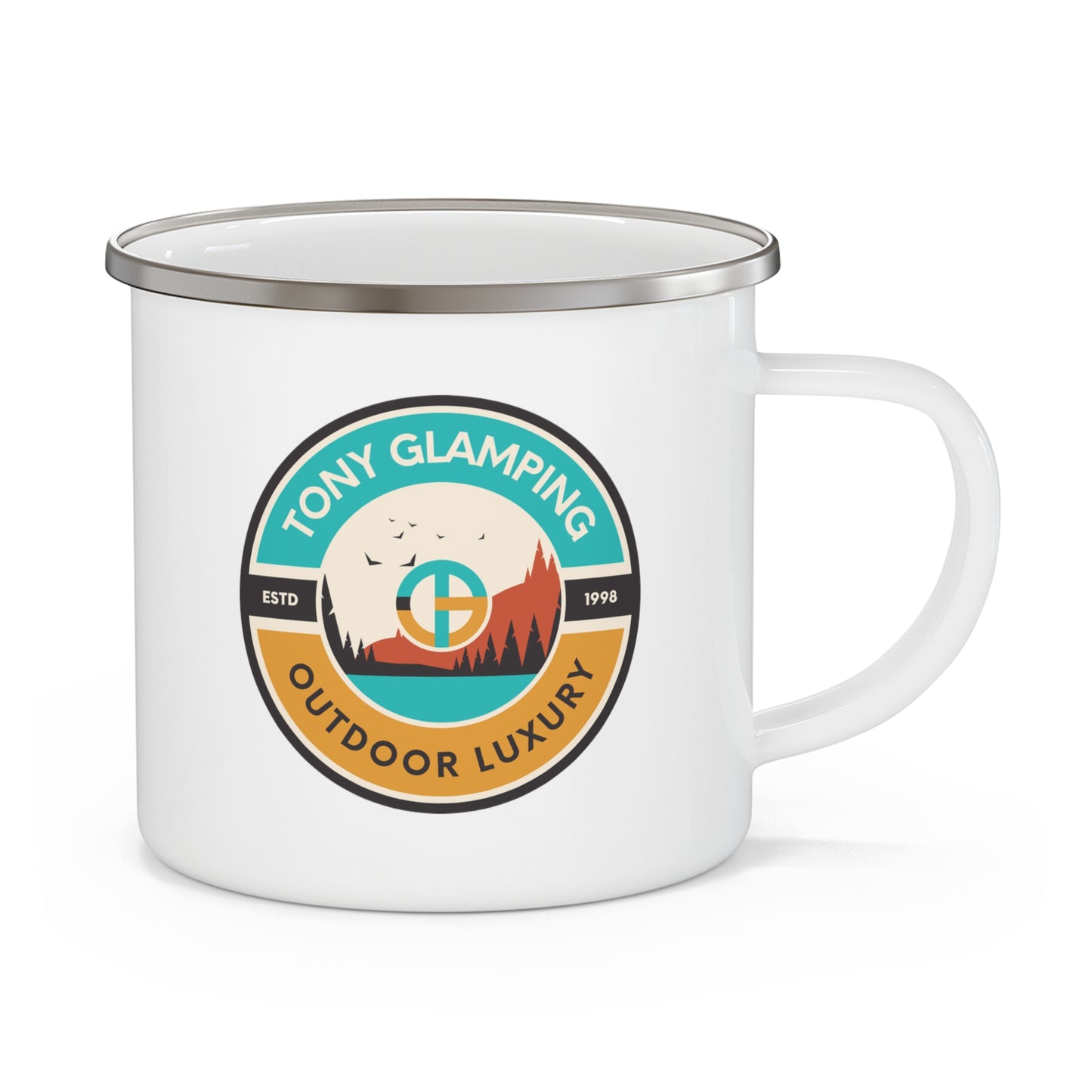 TONY Glamping Enamel Camping Mug, featuring the TONY Glamping design
