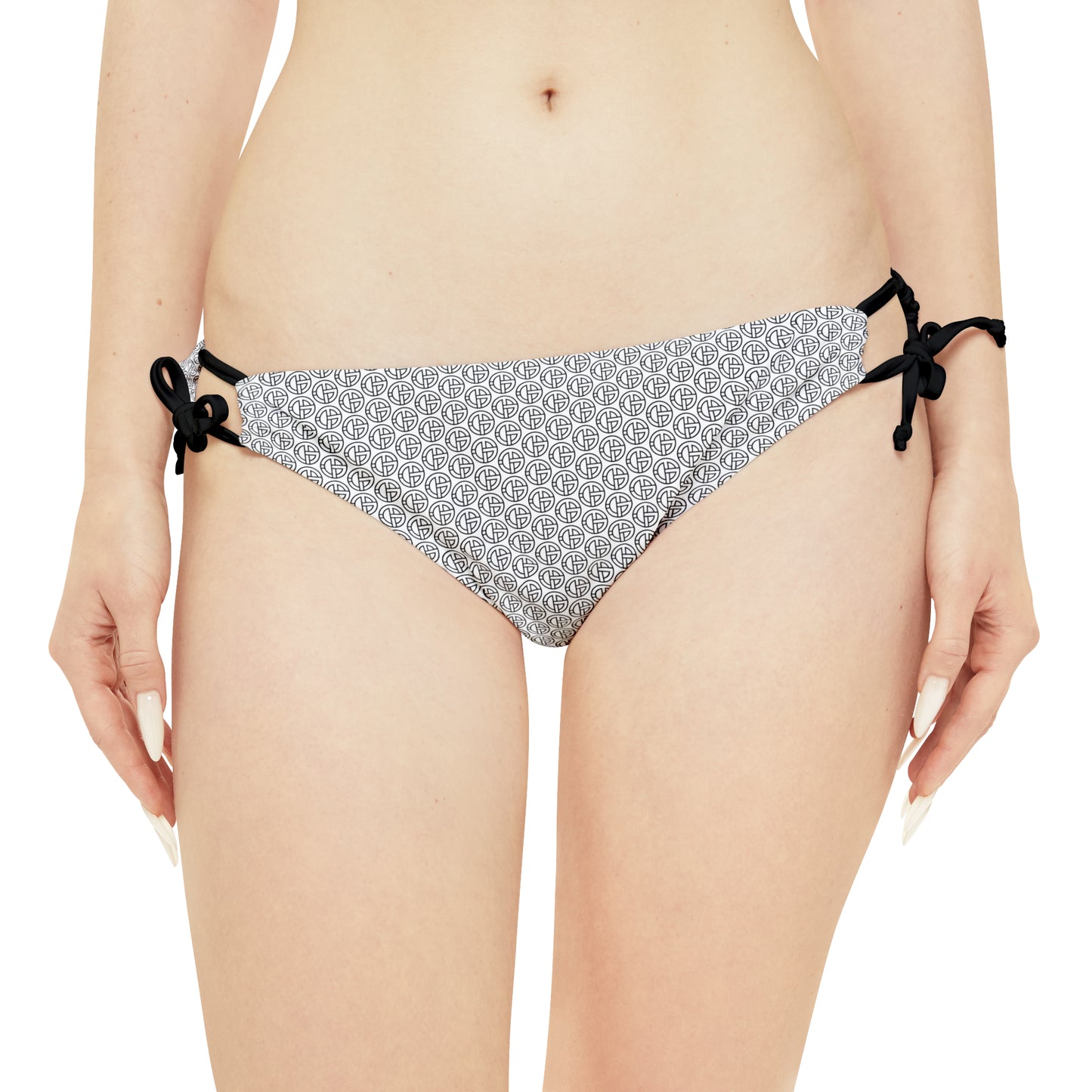 TONY G Loop Tie Side Bikini Bottom, adorned with the TG Logo Outline Monogram Pattern