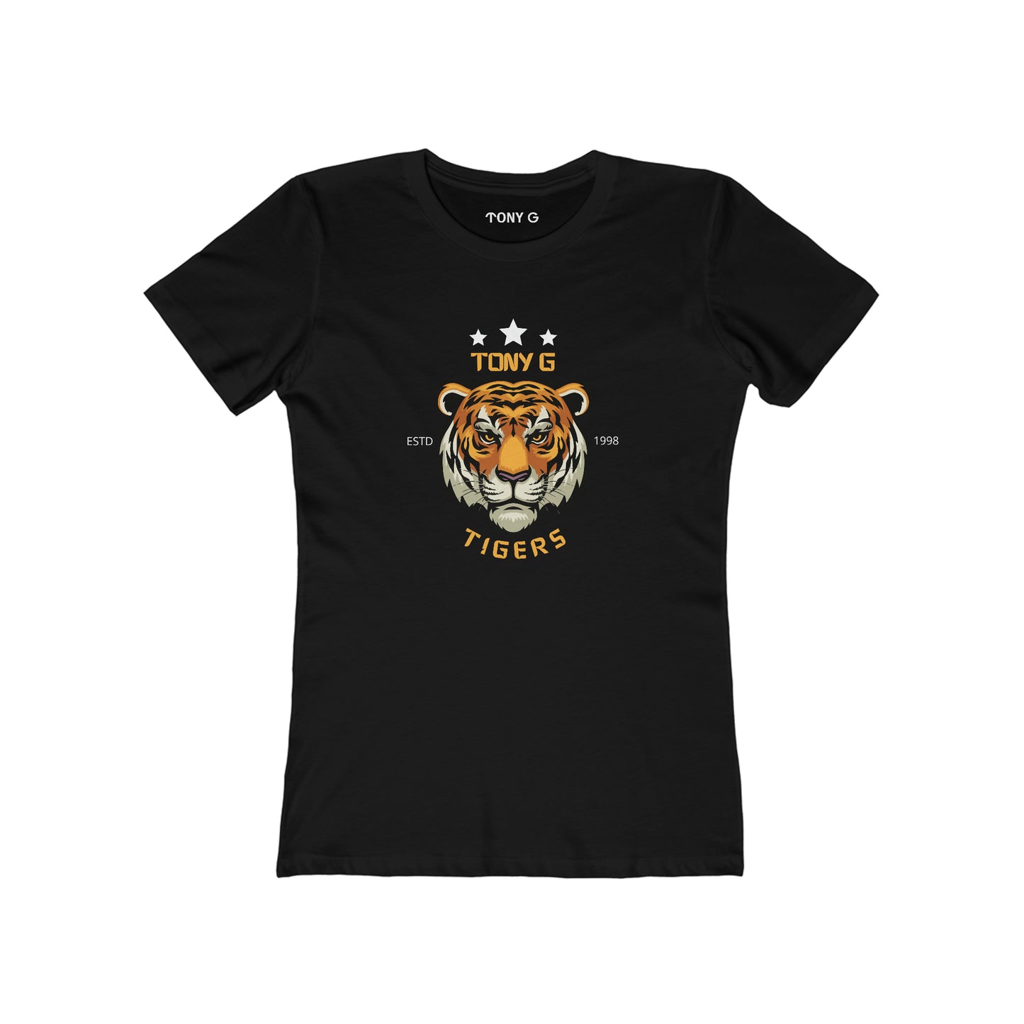 TONY G Women's Feminine Cut Classic Boyfriend Tee, featuring the TONY G Tiger 2 design