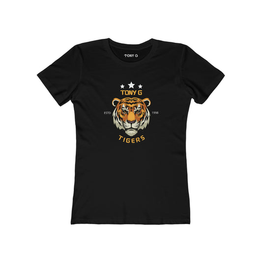 TONY G Women's Feminine Cut Classic Boyfriend Tee, featuring the TONY G Tiger 2 design
