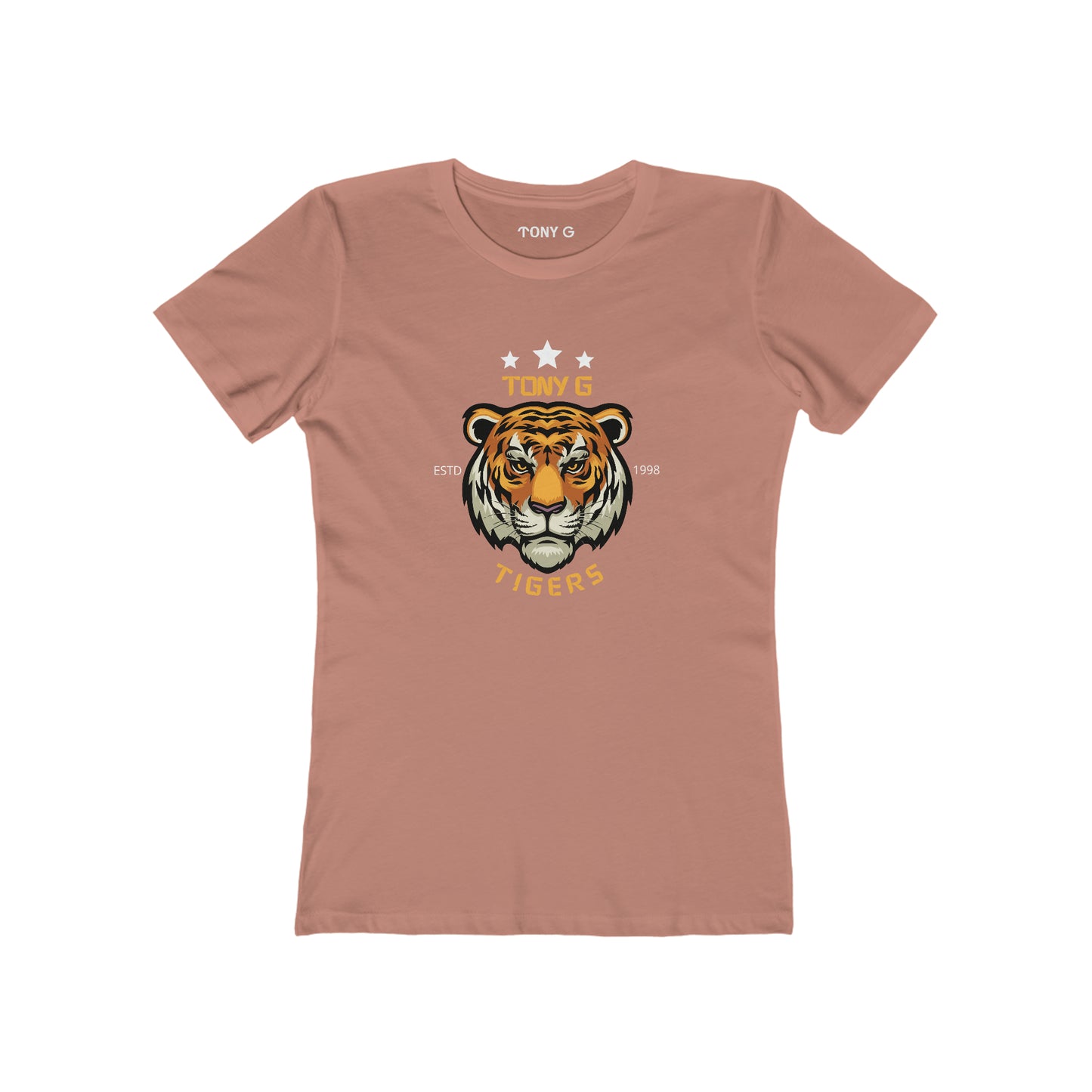 TONY G Women's Feminine Cut Classic Boyfriend Tee, featuring the TONY G Tiger 2 design