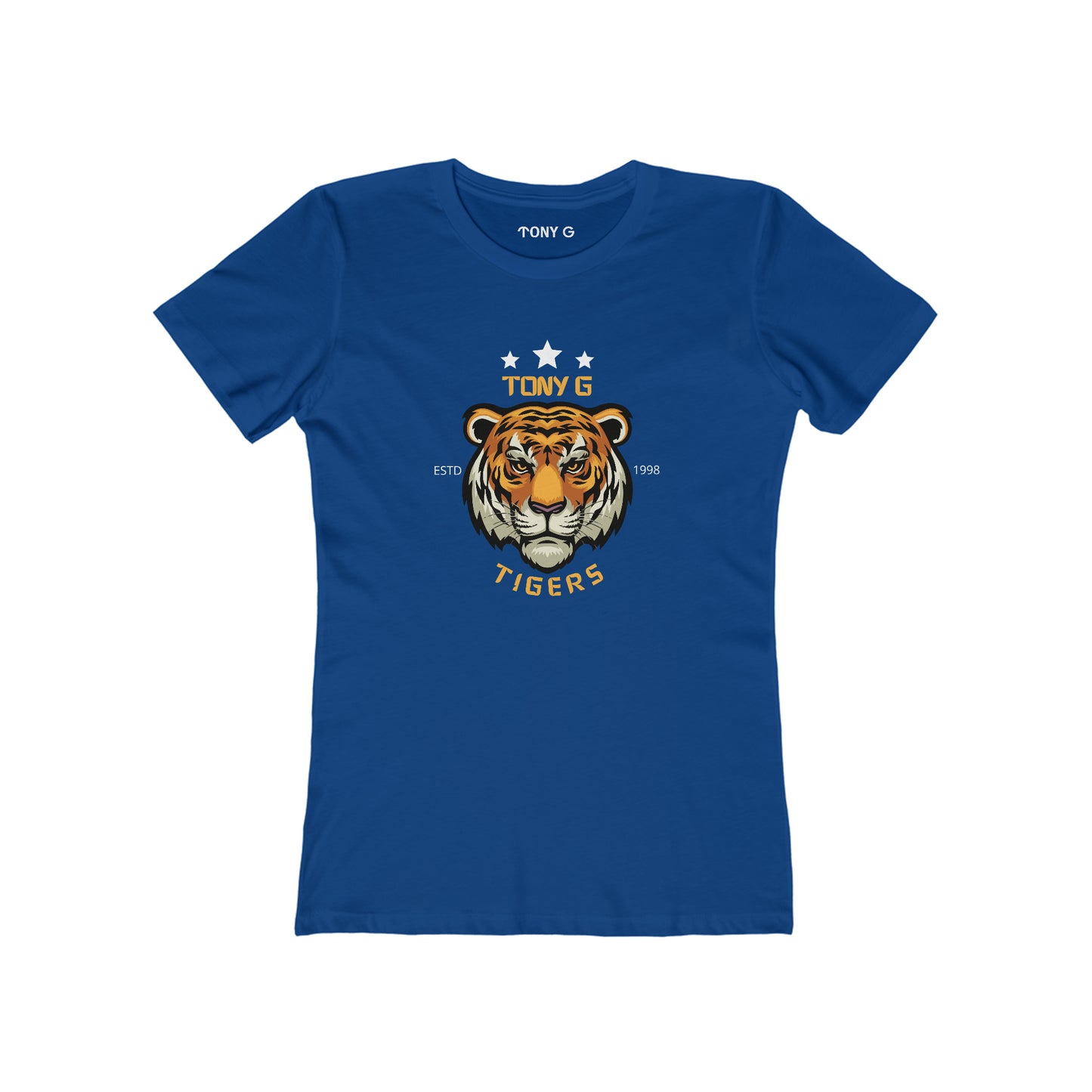 TONY G Women's Feminine Cut Classic Boyfriend Tee, featuring the TONY G Tiger 2 design