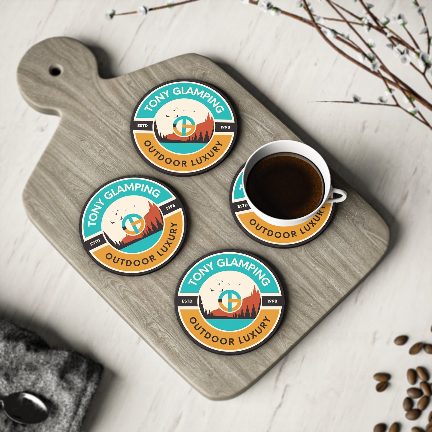 TONY Glamping Coasters, featuring the TONY Glamping design