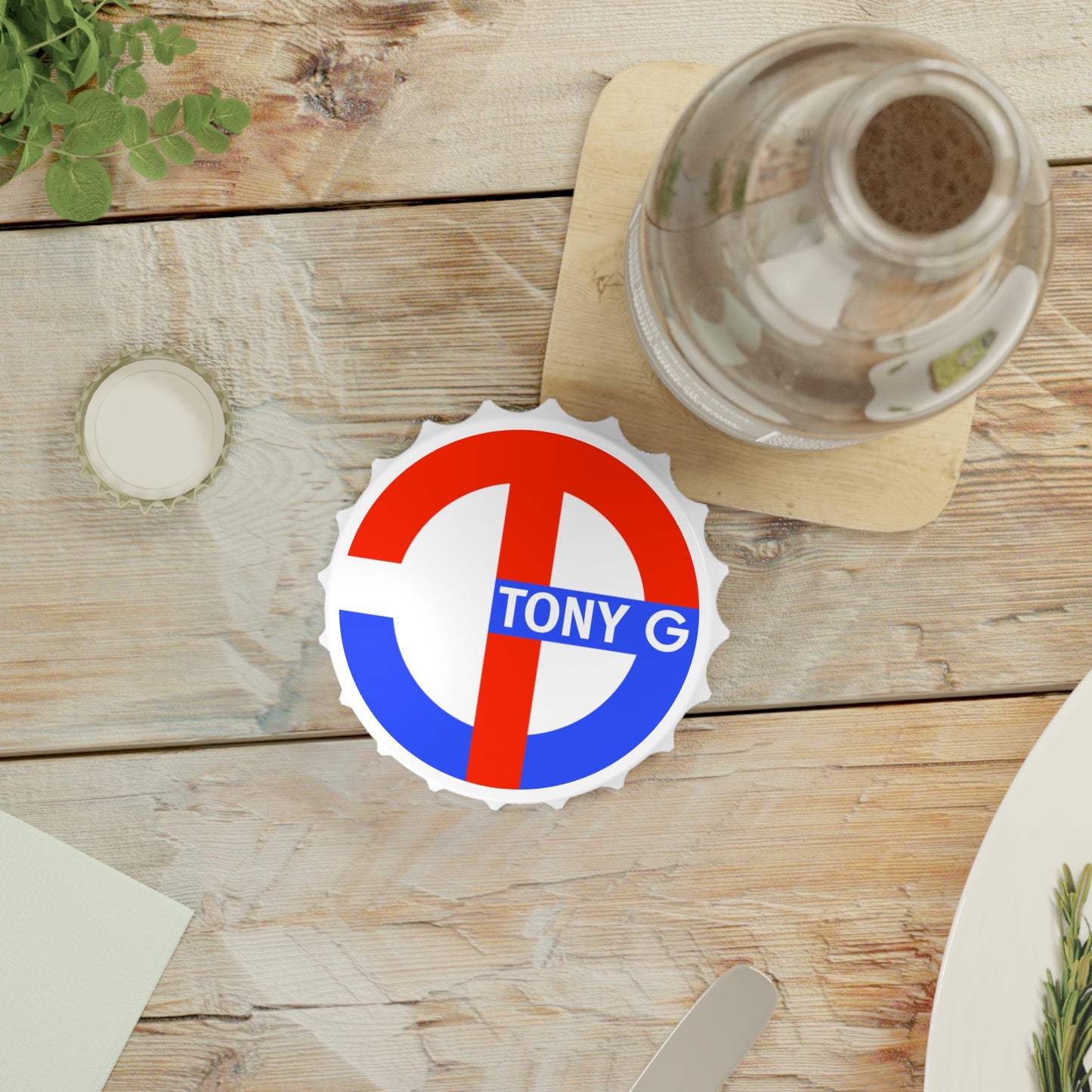 TONY G Bottle Opener, featuring the TG Logo USA Monogram