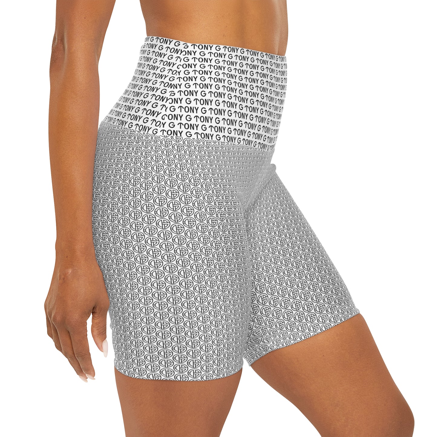 TONY G High Waisted Yoga Shorts, adorned with the TONY G Logo & TG Logo Outline Monogram Pattern