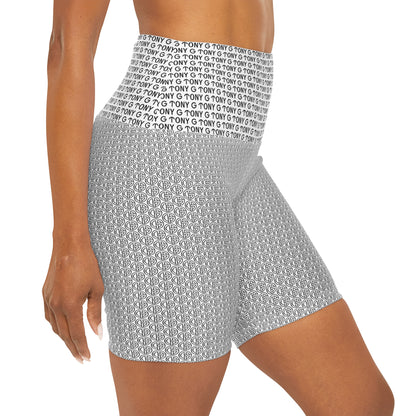 TONY G High Waisted Yoga Shorts, adorned with the TONY G Logo & TG Logo Outline Monogram Pattern
