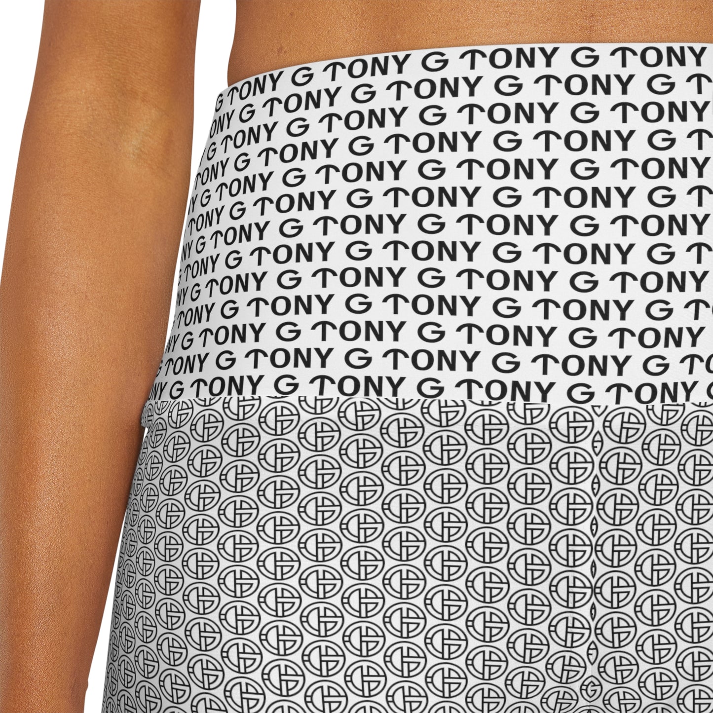 TONY G High Waisted Yoga Shorts, adorned with the TONY G Logo & TG Logo Outline Monogram Pattern