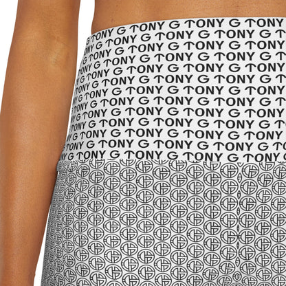 TONY G High Waisted Yoga Shorts, adorned with the TONY G Logo & TG Logo Outline Monogram Pattern