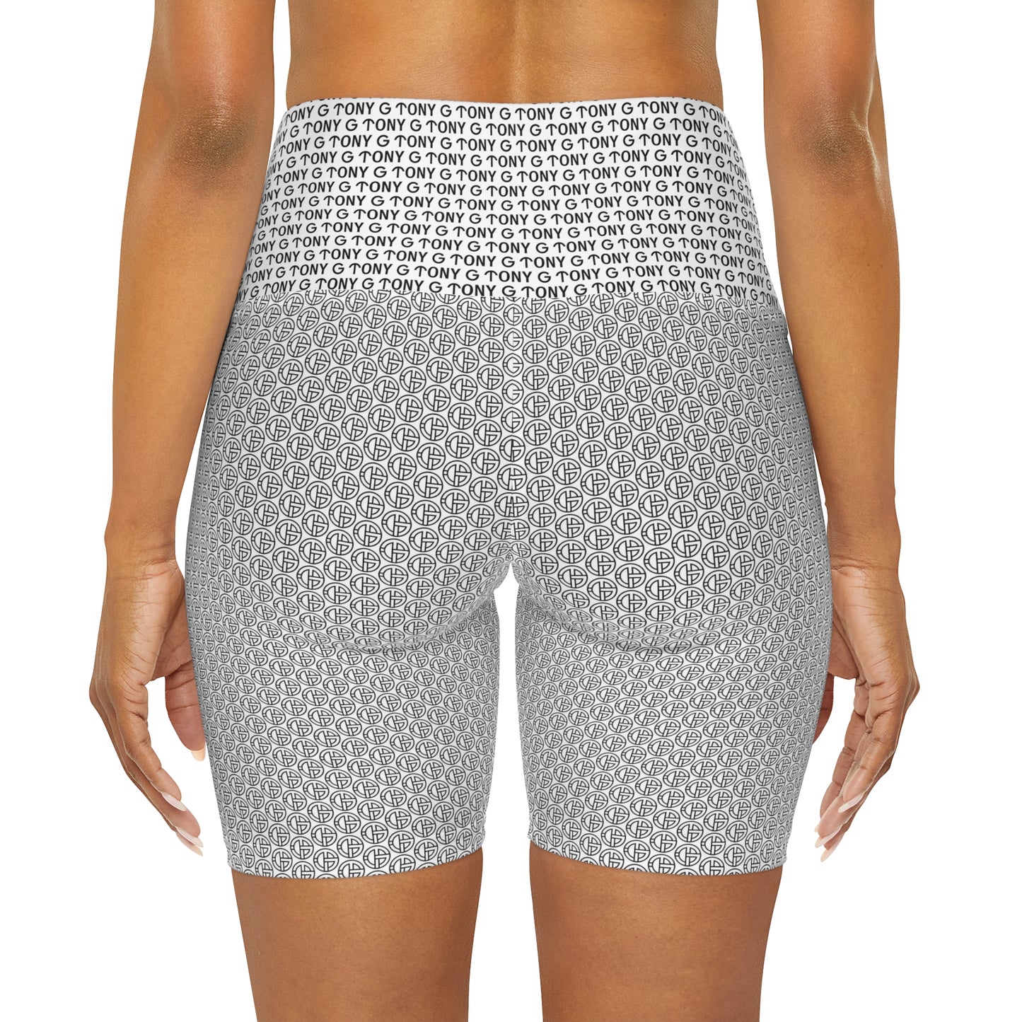 TONY G High Waisted Yoga Shorts, adorned with the TONY G Logo & TG Logo Outline Monogram Pattern