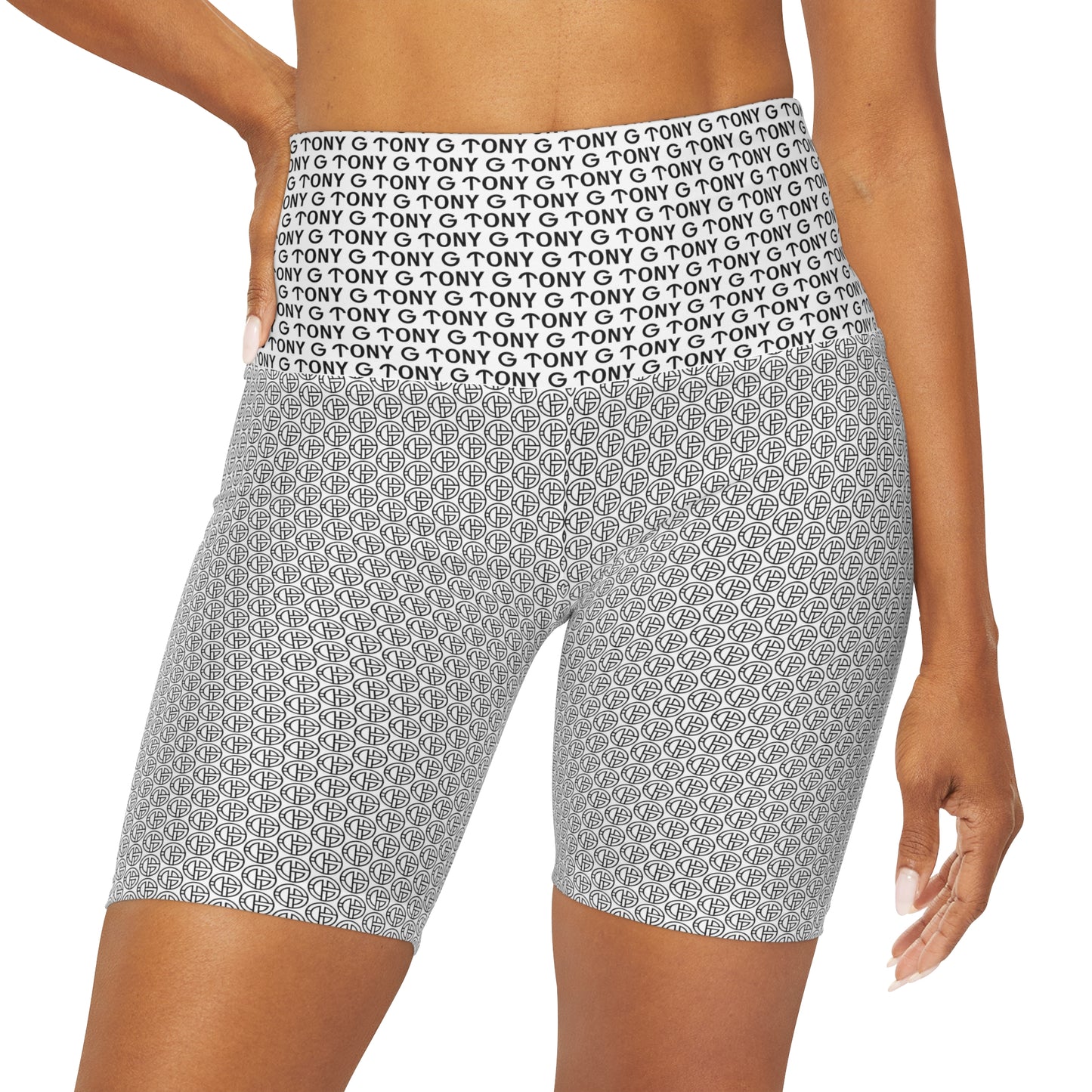 TONY G High Waisted Yoga Shorts, adorned with the TONY G Logo & TG Logo Outline Monogram Pattern