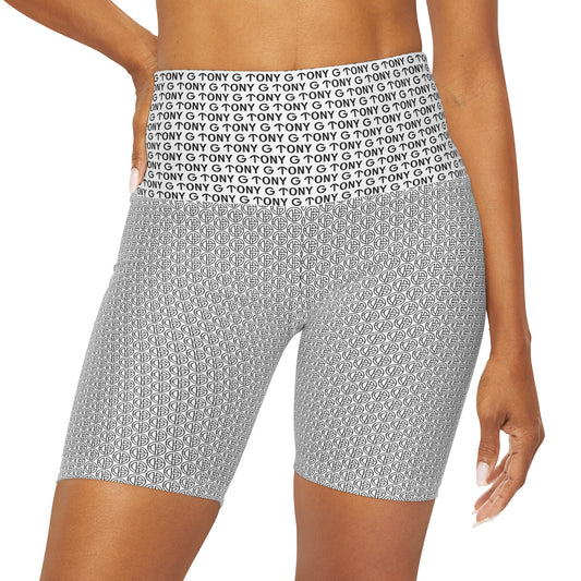 TONY G High Waisted Yoga Shorts, adorned with the TONY G Logo & TG Logo Outline Monogram Pattern