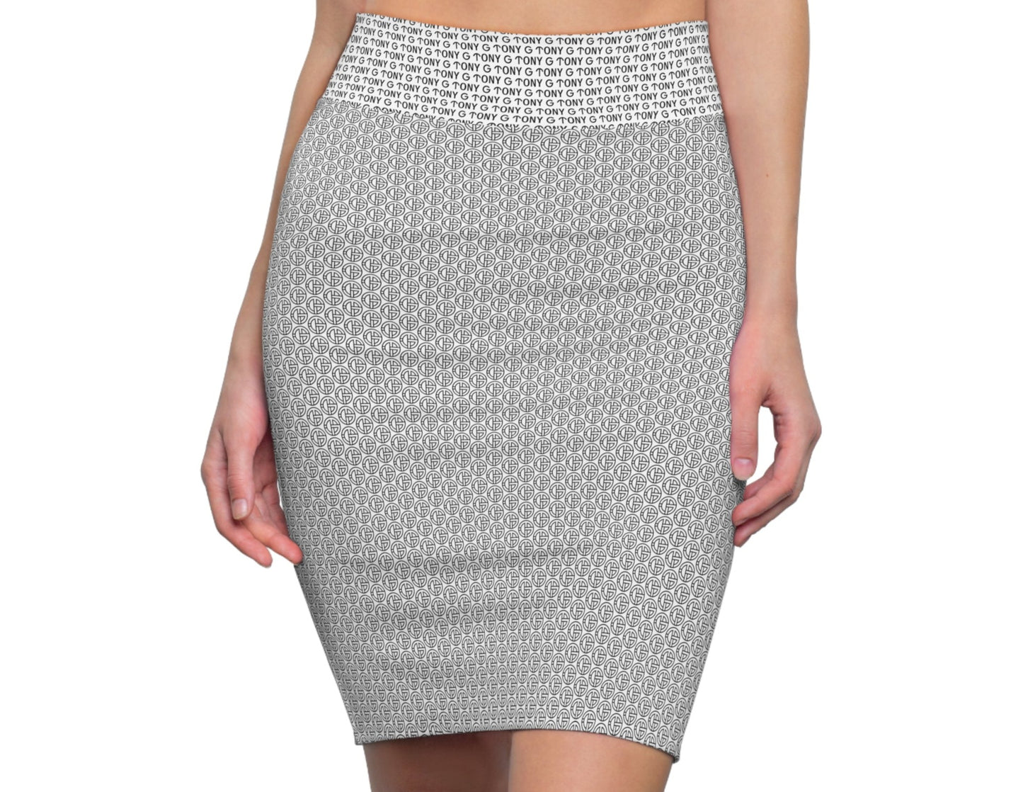 TONY G Women's Pencil Skirt, adorned with the TG Logo Outline Monogram Pattern