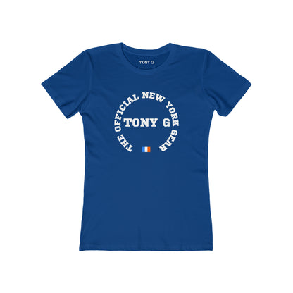 TONY G Women's Feminine Cut Classic Boyfriend Tee, featuring the TONY G Flag Logo Varcity design