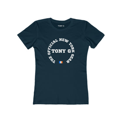 TONY G Women's Feminine Cut Classic Boyfriend Tee, featuring the TONY G Flag Logo Varcity design