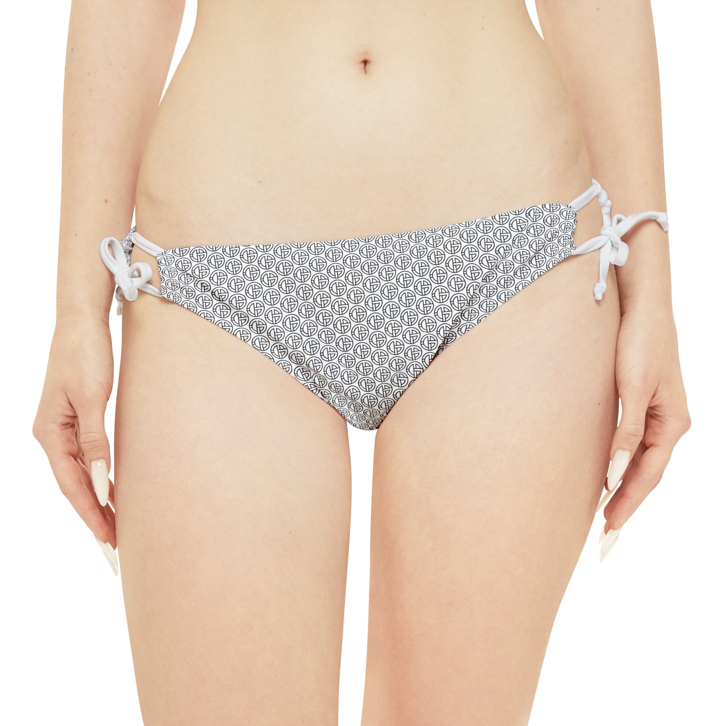 TONY G Loop Tie Side Bikini Bottom, adorned with the TG Logo Outline Monogram Pattern
