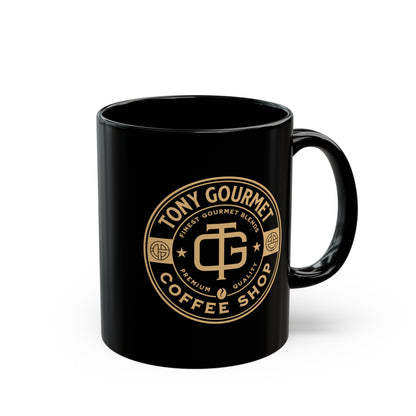 TONY Gourmet Ceramic 11oz Black Mug, featuring the TONY Gourmet design