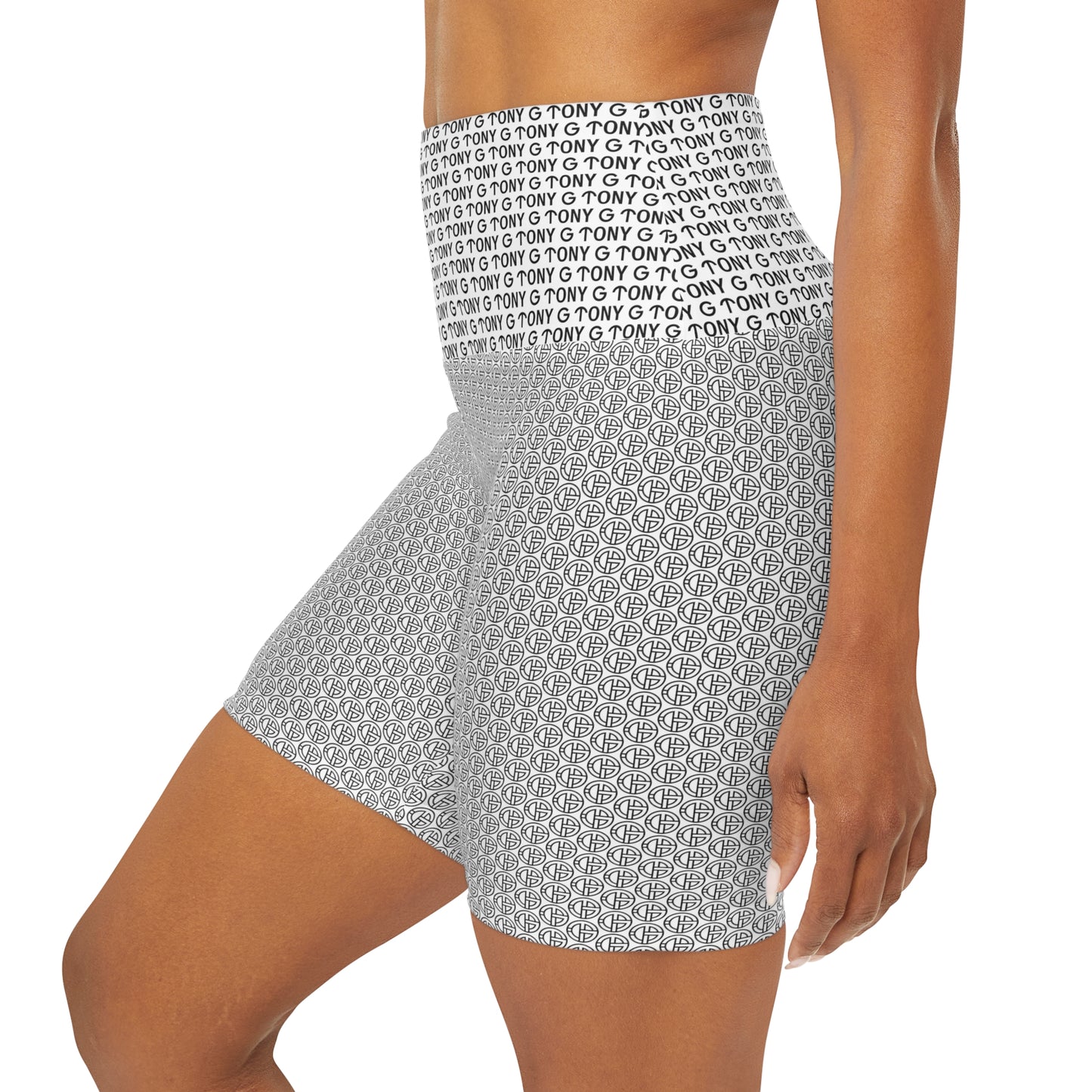 TONY G High Waisted Yoga Shorts, adorned with the TONY G Logo & TG Logo Outline Monogram Pattern