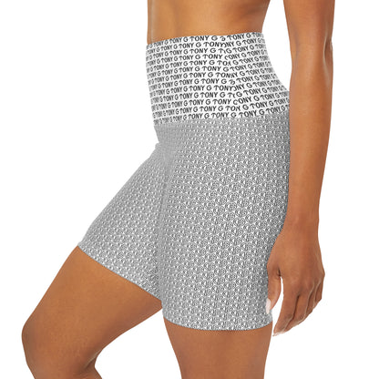 TONY G High Waisted Yoga Shorts, adorned with the TONY G Logo & TG Logo Outline Monogram Pattern