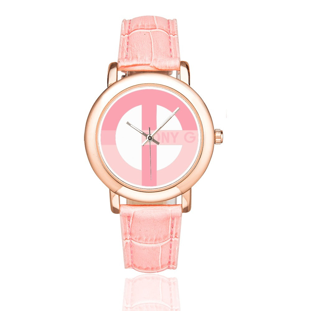 TONY G BCA Women's Rose Gold Leather Strap Watch, featuring the TG Logo Breast Cancer Awareness Monogram