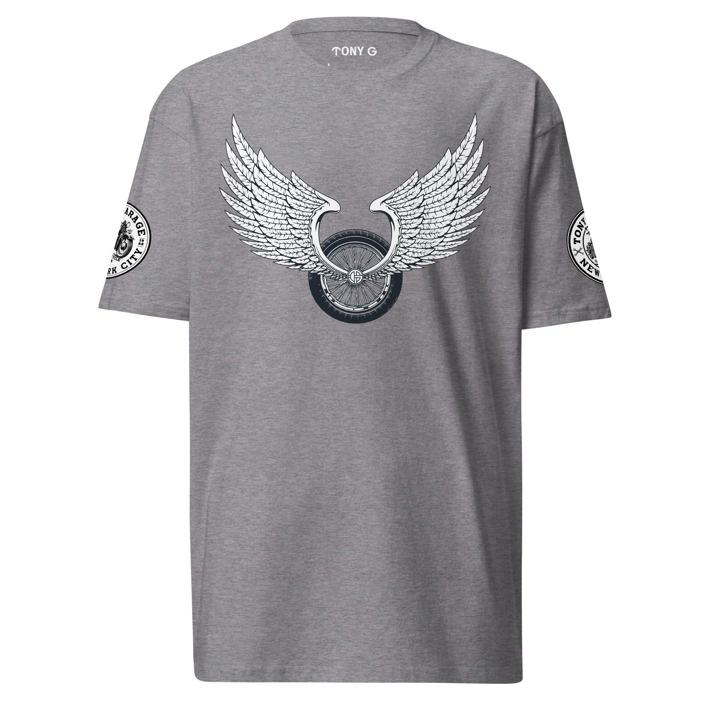 TONY Garage Winged TG Logo Tire Men's Heavyweight Cotton Tee, featuring the Winged TG Logo Tire design