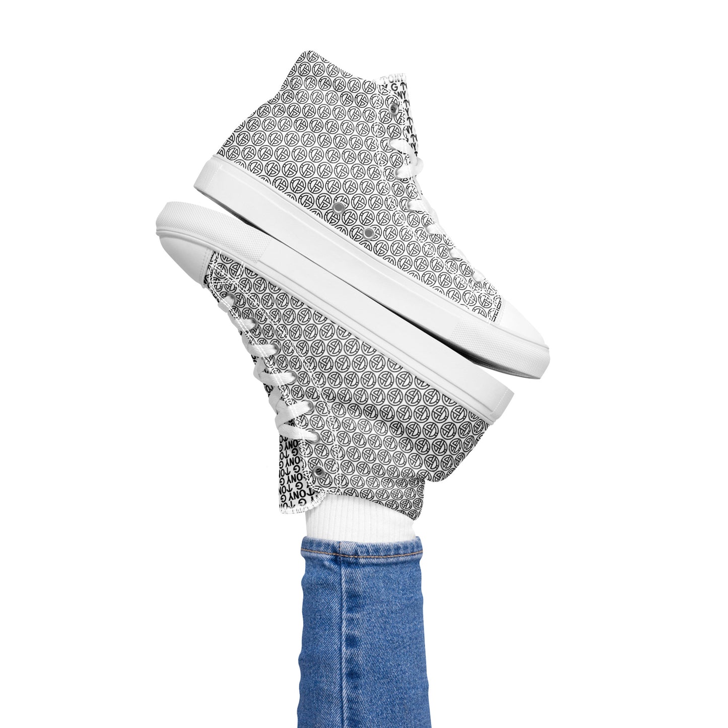 TONY G Women’s high top canvas shoes, adorned with the TONY G Logo & TG Logo Outline Monogram Pattern